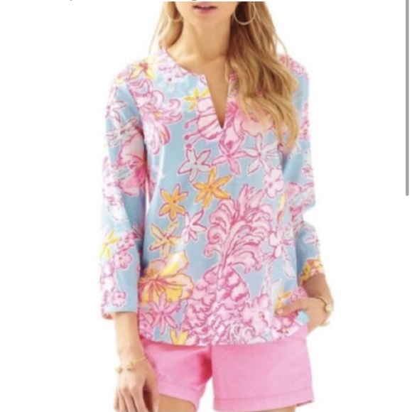 Lilly Pulitzer Tops - Lilly Pulitzer Amelia Tunic Breakwater Blue Lolita Floral Cotton XL